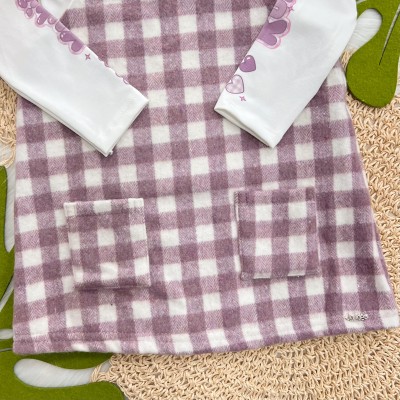 Conj. Blusa Manga Longa Cute e Salopete Xadrez em Lã - Lilás